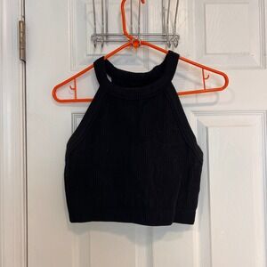 Aerie Real Good Black Ribbed Halter Crop Top High Neck Racerback Large